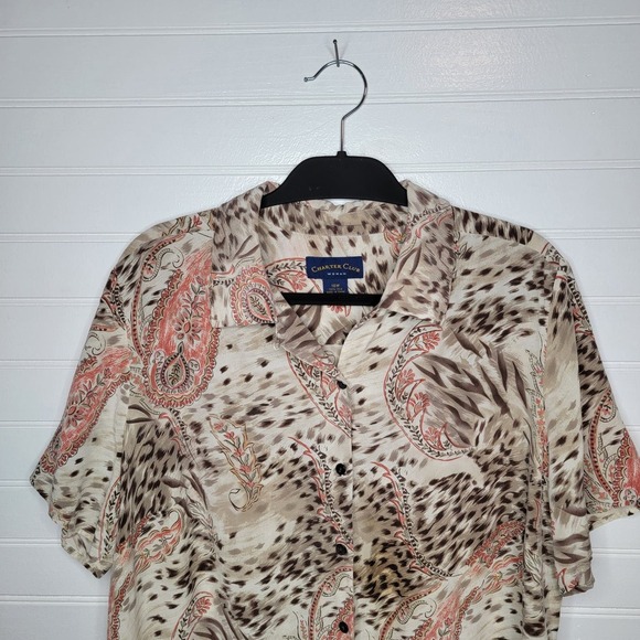 Charter Club Plus Size 18W 100% SILK Cheetah Paisley Button Up Hawaiian Shirt - Picture 2 of 7